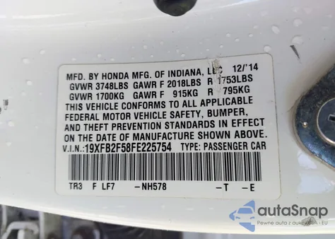 2015 Honda Civic Lx из США, поврежденный, VIN 19XFB2F58FE225754